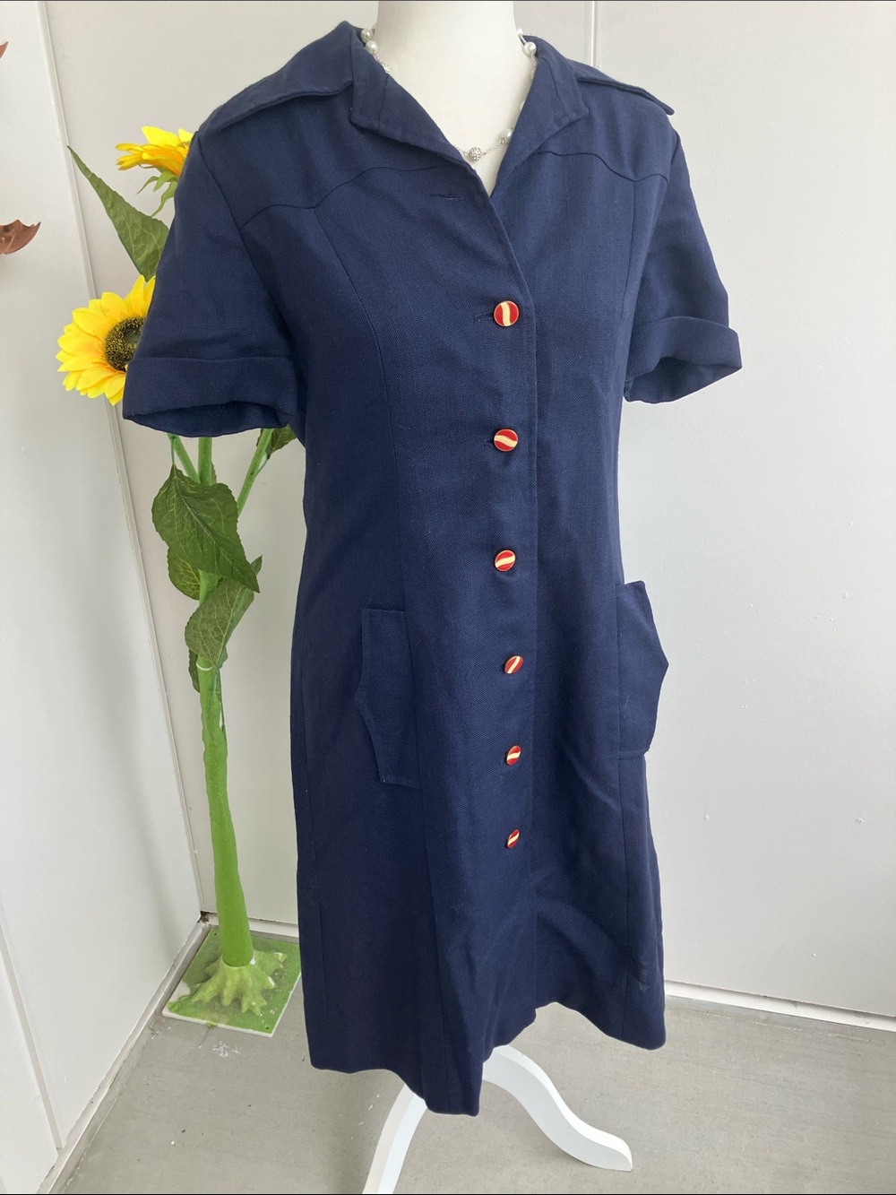 Vintage 70s Bicentennial Navy Dagger Collar Midi Dress Statement Buttons AS IS